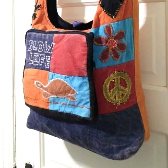Nepal BOHO SLOW LIFE Orange Red 100% COTTON Hobo Crossbody Shoulder Bag Turtle - Picture 6 of 14